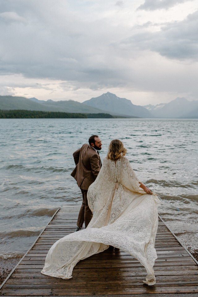 wedding dress flies in wind in montana