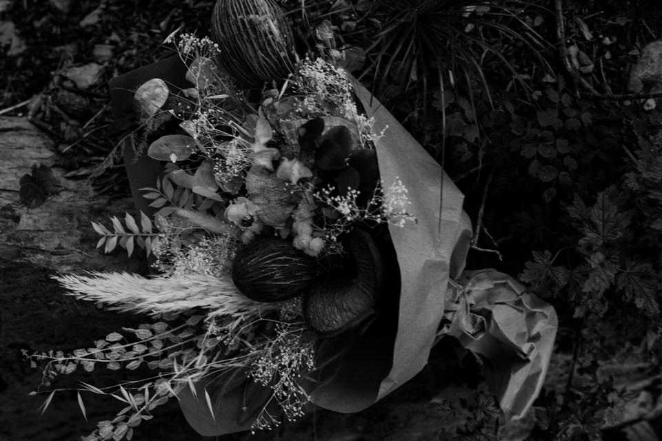 black and white image of dried bridal bouquet