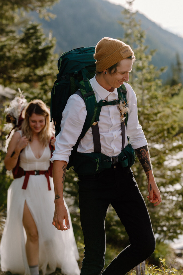 couple backpacking wedding